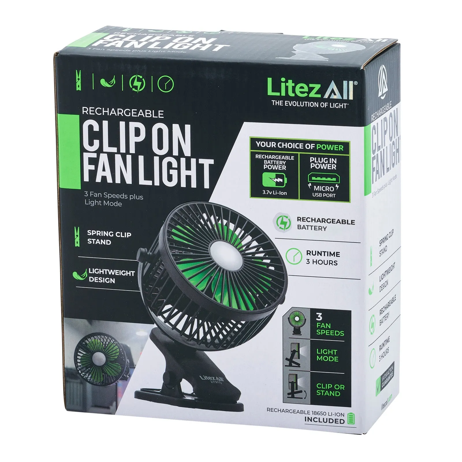 LitezAll Rechargeable Clip On Fan with Light