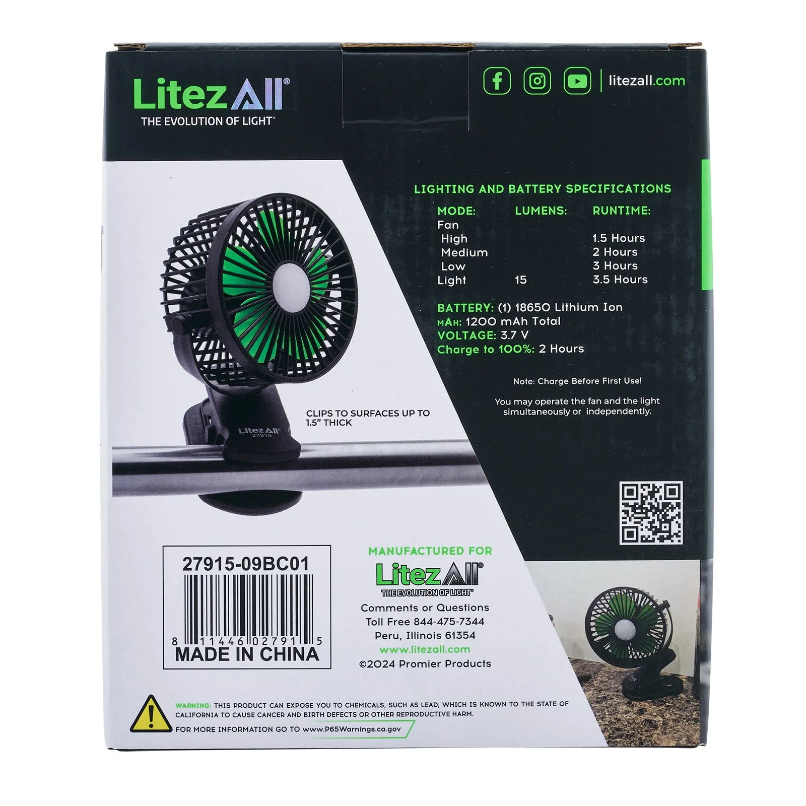 LitezAll Rechargeable Clip On Fan with Light