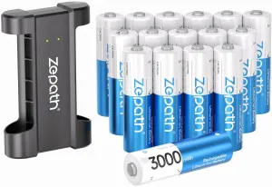 Lithium Batteries aa 16 Pack with Charger, 3000mWh High Power Rechargeable aa Batteries Lithium,1.5V Double a Batteries 1600  Cycles(2Slot Charger  16PACK-3000mWh)