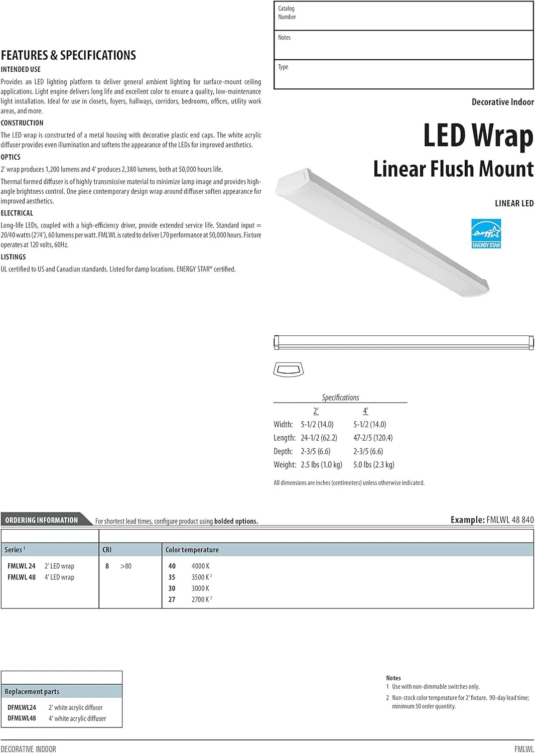 Lithonia Lighting 4 Foot LED Light Fixture, Low-Profile LED Wraparound Flush Mount Ceiling Light, 3000K Warm White, 120V, 48-Inch (FMLWL 48 830)