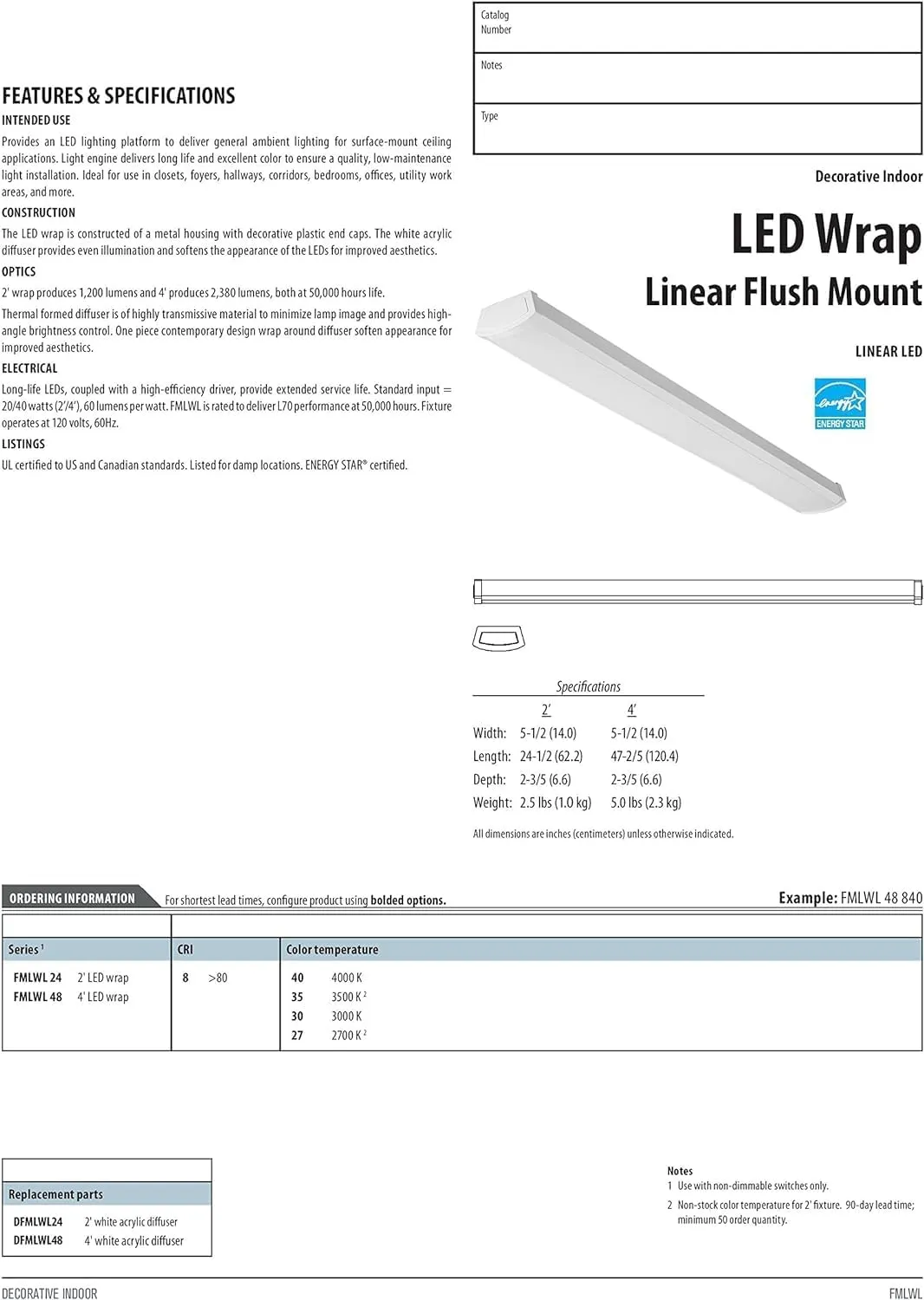 Lithonia Lighting 4 Foot LED Light Fixture, Low-Profile LED Wraparound Flush Mount Ceiling Light, 3000K Warm White, 120V, 48-Inch (FMLWL 48 830)