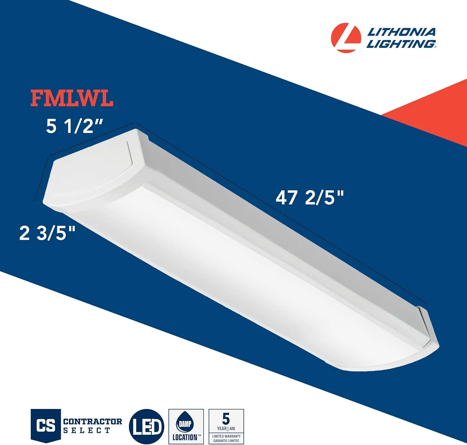 Lithonia Lighting 4 Foot LED Light Fixture, Low-Profile Linkable LED Wraparound Flush Mount Ceiling Light, Adjustable Lumens, Selectable White Color, 120V, 48-Inch (FMLWL LNK 48 ALO4 8SWW2)
