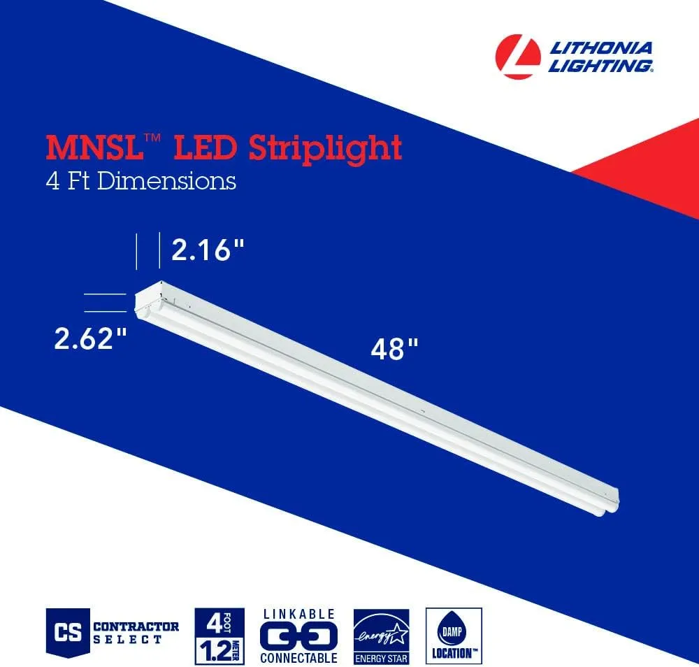 Lithonia Lighting 4ft Light Fixture, LED Strip Light, MVOLT, 4000K Cool White Light 4-Foot, 2-Light, White (MNSL L48 2LL MVOLT 40K 80CRI M6)