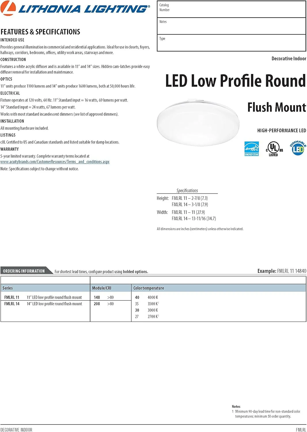 Lithonia Lighting FMLRL 14 20830 M4 Contractor Select 14-Inch 3000K LED Low Profile Round Flush Mount