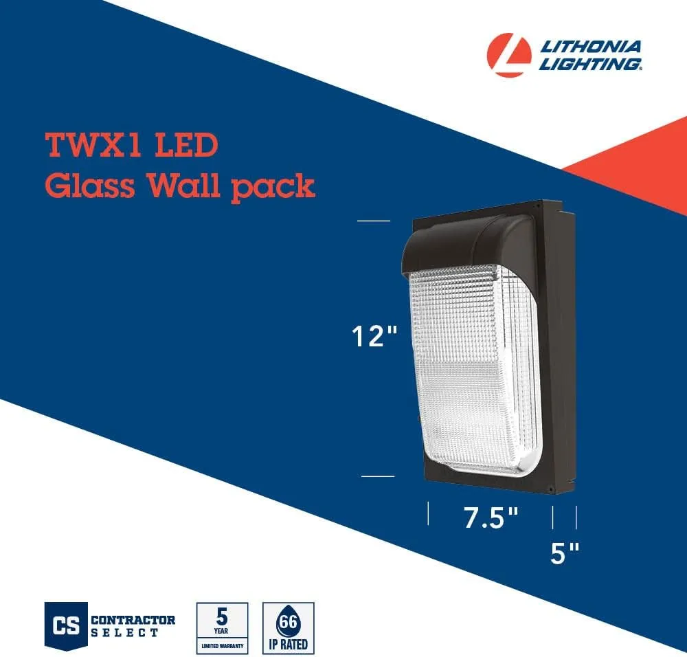 Lithonia Lighting LED Wall Pack Light with Glass Lens, 4000K Cool White Light, Photocell Sensor, MVolt 120-277V, Textured Bronze (TWX1 LED P2 40K MVOLT PE DDBTXD)