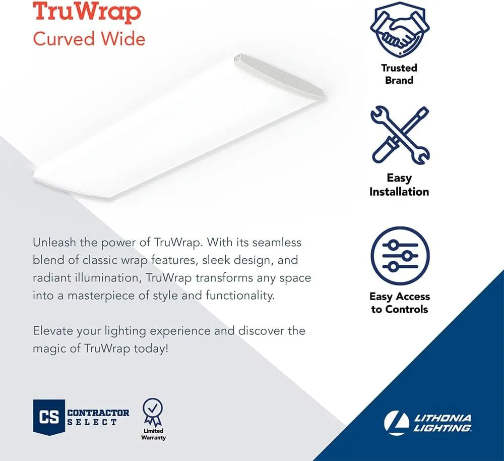 Lithonia Lighting TruWrap 4 Foot LED Ceiling Light Fixture, Low-Profile Wraparound LED Shop Light, Adjustable Lumens, Selectable Warm White/Cool White/Daylight Color, Curved Diffuser, Wide Width