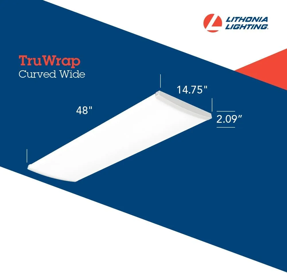 Lithonia Lighting TruWrap 4 Foot LED Ceiling Light Fixture, Low-Profile Wraparound LED Shop Light, Adjustable Lumens, Selectable Warm White/Cool White/Daylight Color, Curved Diffuser, Wide Width
