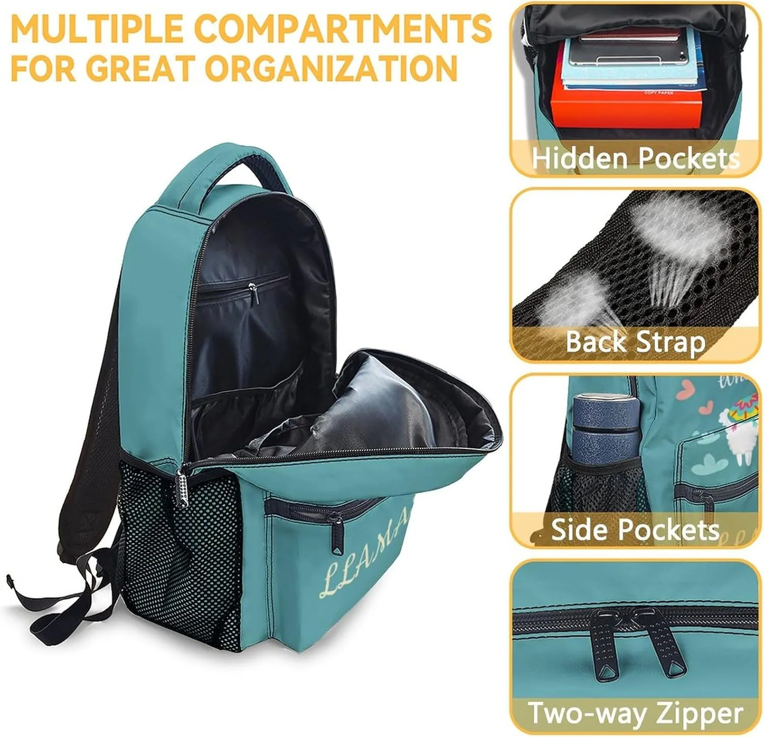Llama Backpacks for Girls Boys, 16 Inch Cute Backpack for School, Teal, Large Capacity, Durable, Lightweight Bookbag for Kids Travel