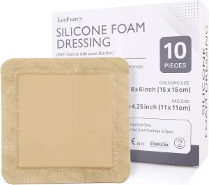 LotFancy Silicone Foam Dressing, 6"x 6" (4.3" x 4.3" Pad), 10 Count, FSA HSA Eligible, Sterile Wound Dressing with Border, Bed Sores, Pressure Ulcers Healing Bandage Pad, Highly Absorbent, Waterproof