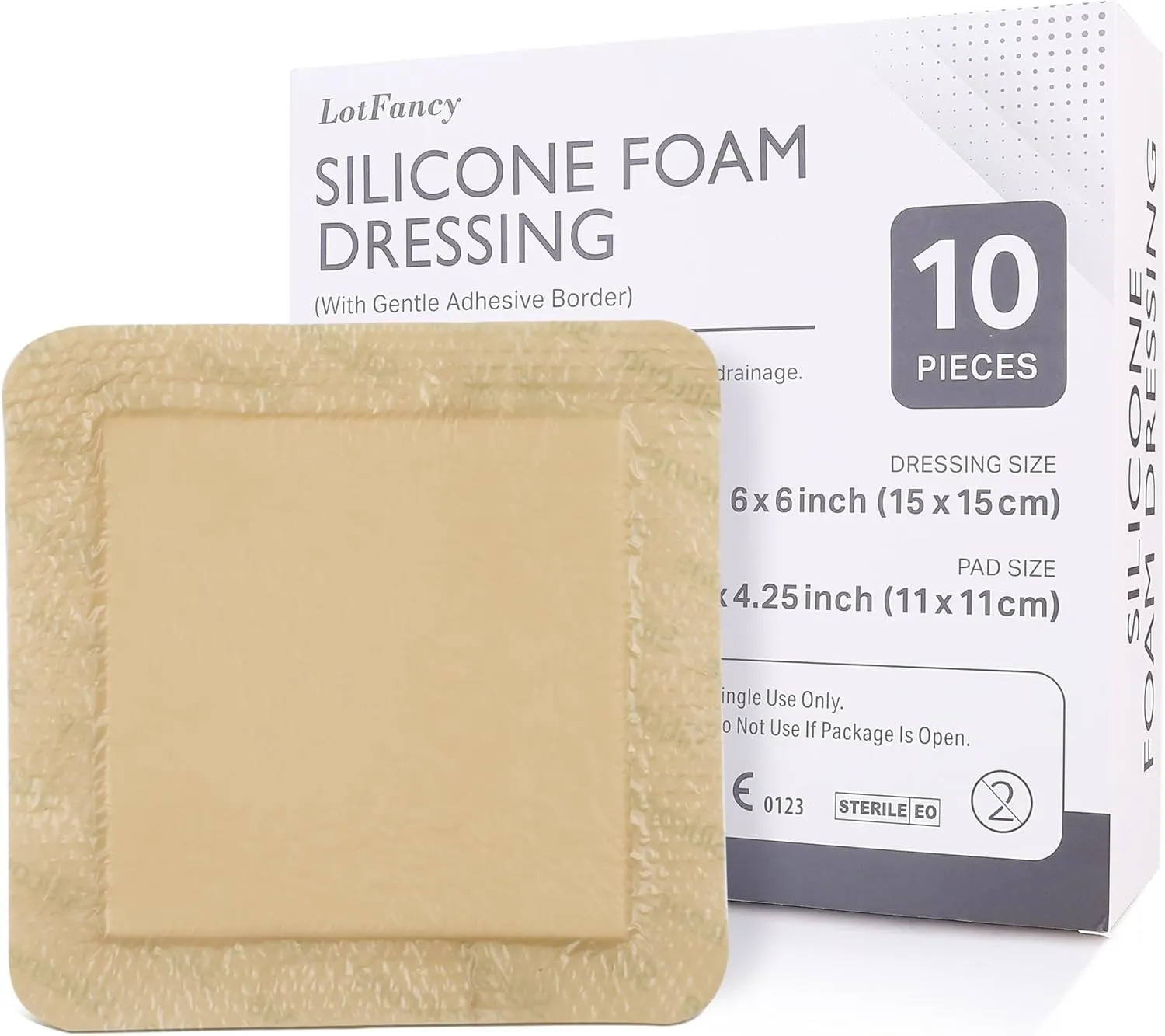 LotFancy Silicone Foam Dressing, 6"x 6" (4.3" x 4.3" Pad), 10 Count, FSA HSA Eligible, Sterile Wound Dressing with Border, Bed Sores, Pressure Ulcers Healing Bandage Pad, Highly Absorbent, Waterproof