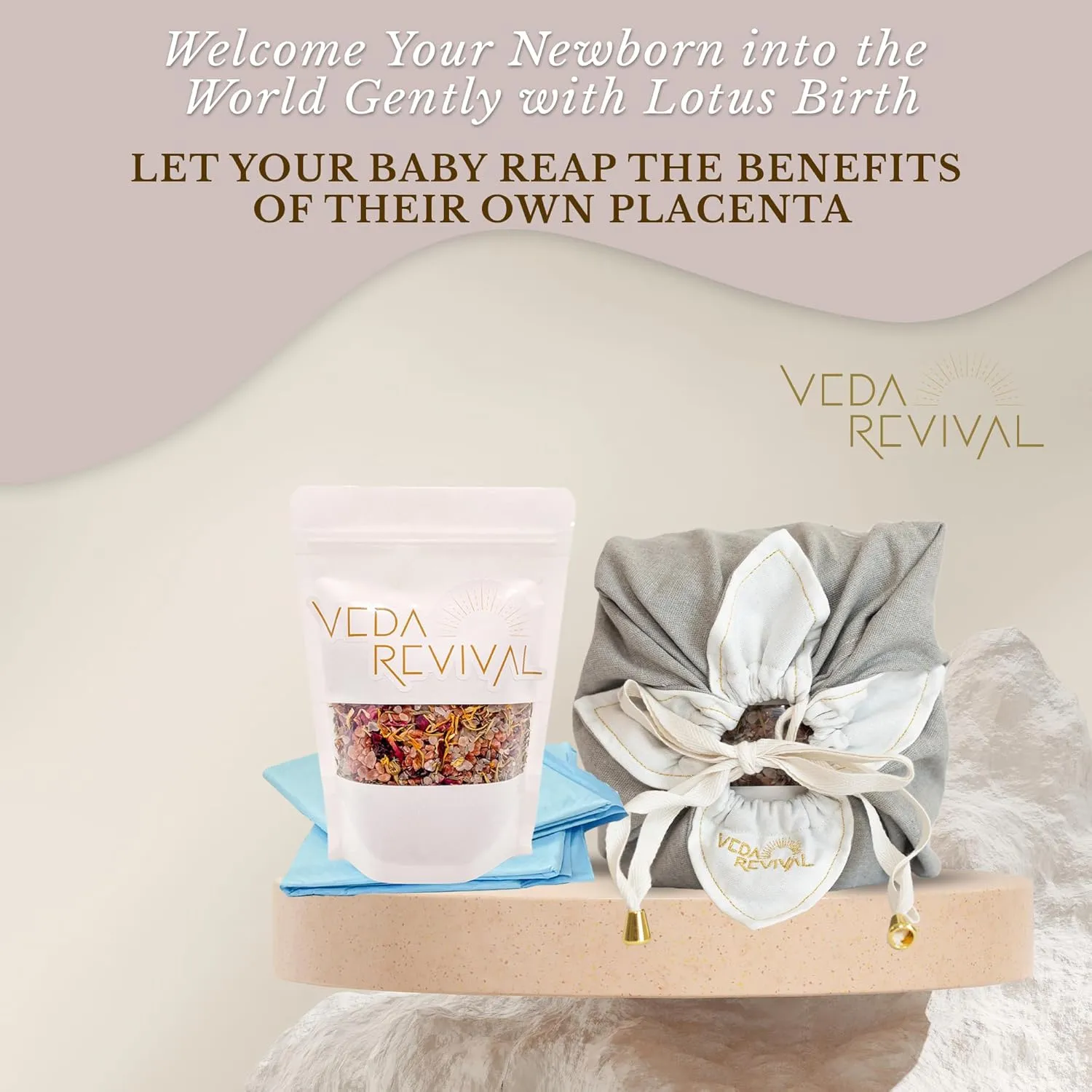 Lotus Birth Kit - Natural Home Birth Essentials - Aromatic Herbal Blend, Cotton Placenta Bag and Herb-Salt Mix for a Safe, Clean and Gentle Birth Transition - Grey