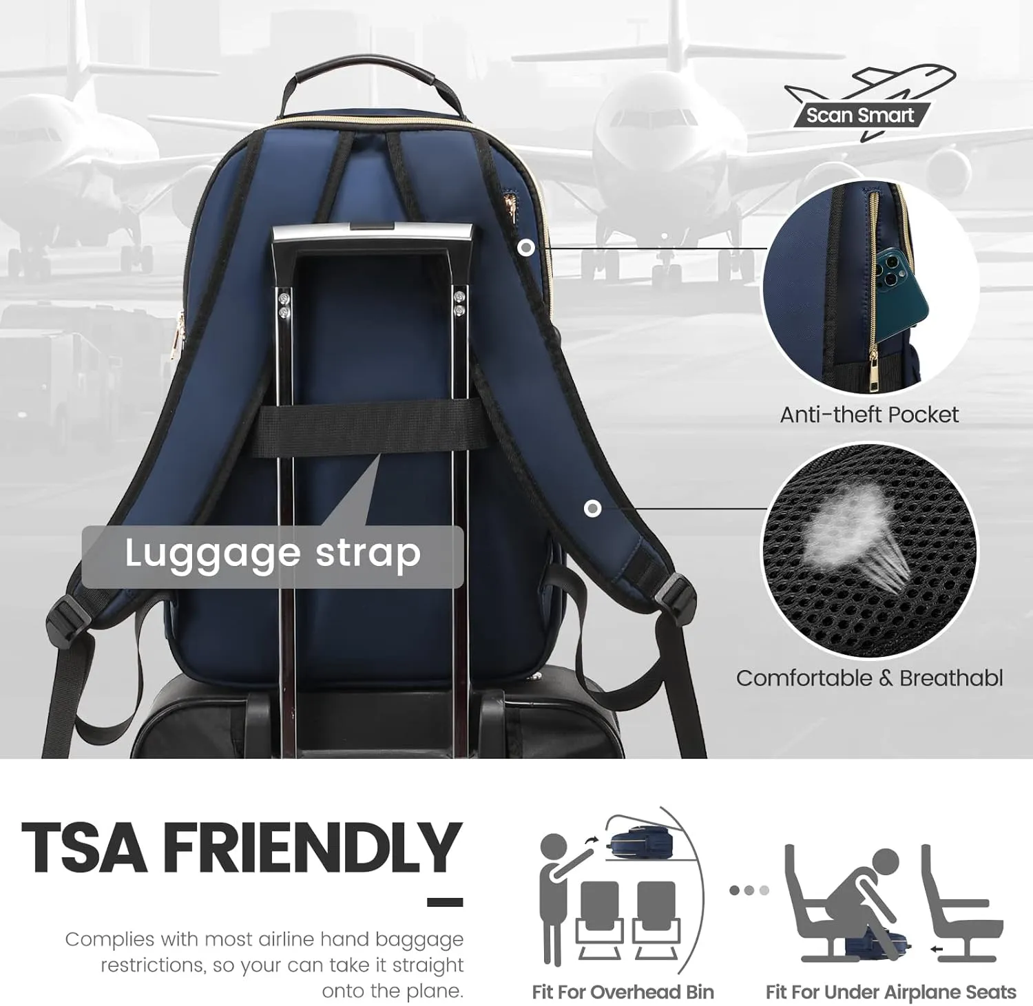 LOVEVOOK Laptop Backpack Purse for Women, Work Business Travel Computer Bags, College Nurse Backpack for Womens, Quilted Casual Daypack with USB Port, Fit 15.6 Inch Laptop, Navy