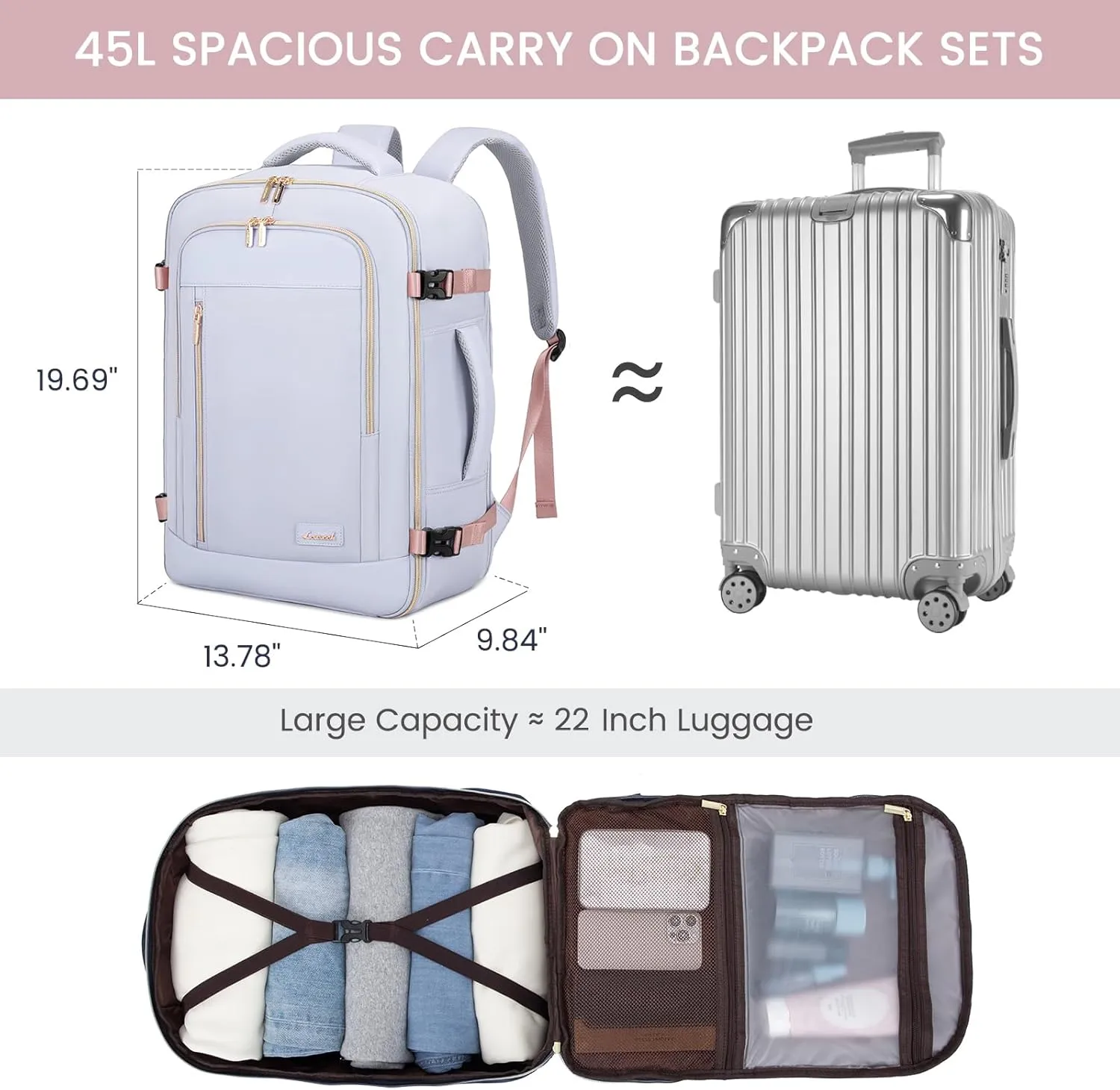 LOVEVOOK Travel Backpack for Women & Men, 45L Carry On Backpack, Personal Item Bag with 3 Packing Cubes, Business Weekender Overnight Luggage Daypack, Fits 18 Inch Laptop, Grey Purple