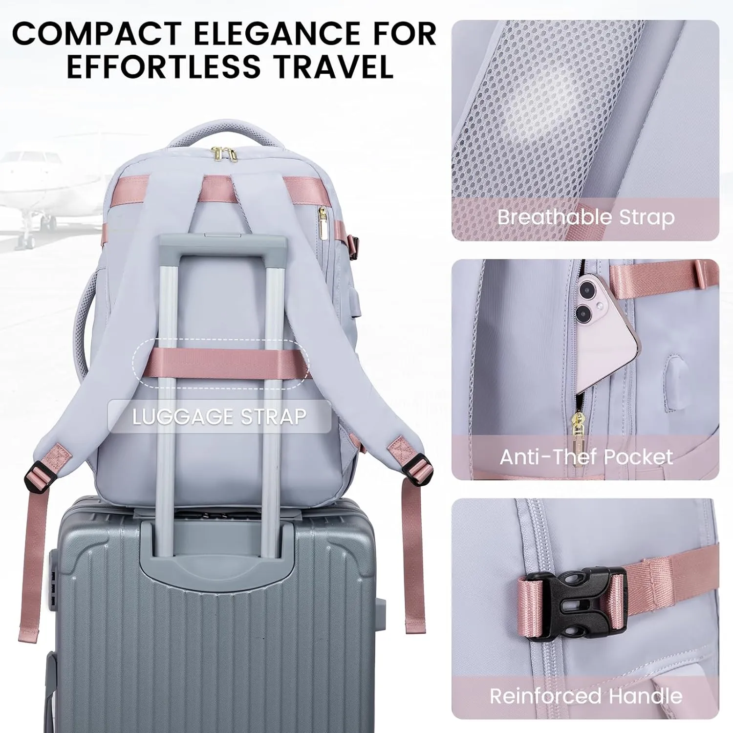 LOVEVOOK Travel Backpack for Women & Men, 45L Carry On Backpack, Personal Item Bag with 3 Packing Cubes, Business Weekender Overnight Luggage Daypack, Fits 18 Inch Laptop, Grey Purple