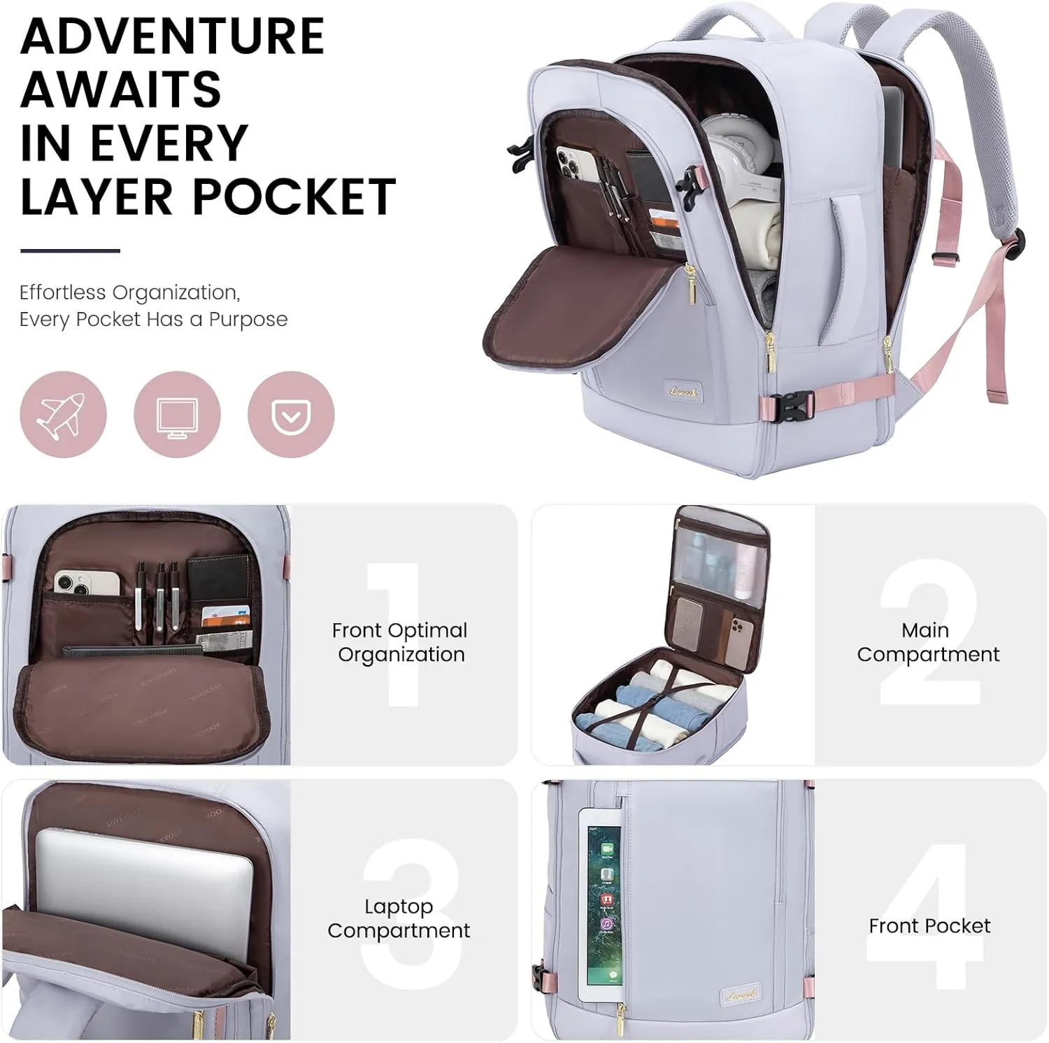 LOVEVOOK Travel Backpack for Women & Men, 45L Carry On Backpack, Personal Item Bag with 3 Packing Cubes, Business Weekender Overnight Luggage Daypack, Fits 18 Inch Laptop, Grey Purple