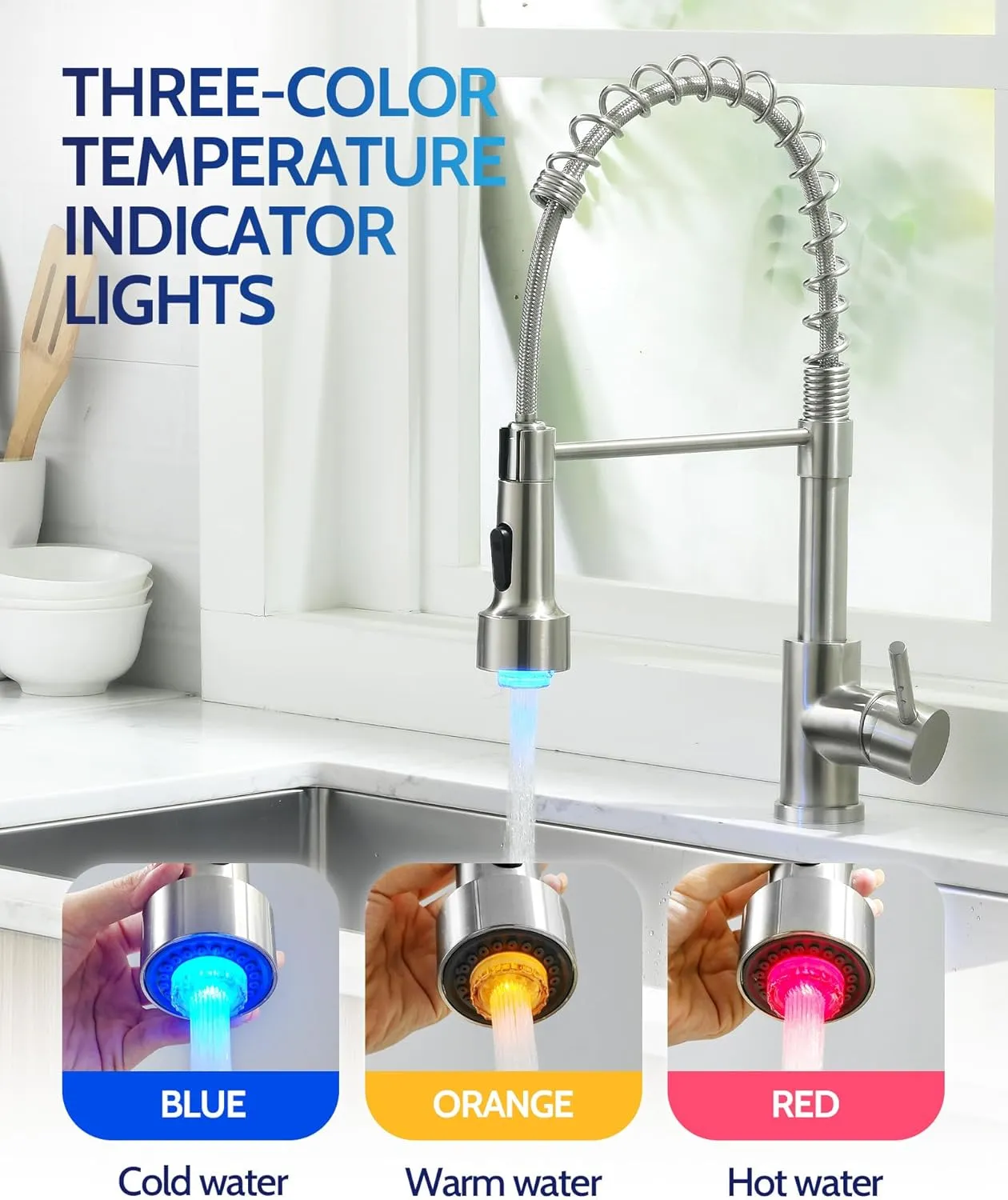 LUFEIDRA Kitchen Faucet with Sprayer LED Light, High Arc Kitchen Faucets Single Hole 304 Stainless Steel Kitchen Sink Faucet Faucet for Bar Sink Rv, Brushed Nickel