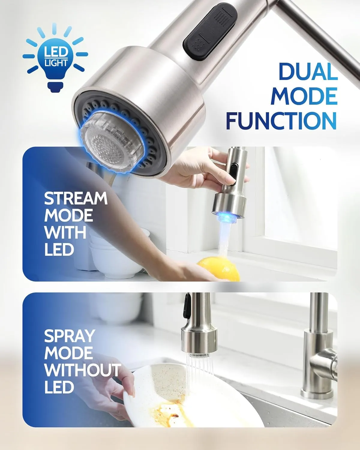 LUFEIDRA Kitchen Faucet with Sprayer LED Light, High Arc Kitchen Faucets Single Hole 304 Stainless Steel Kitchen Sink Faucet Faucet for Bar Sink Rv, Brushed Nickel