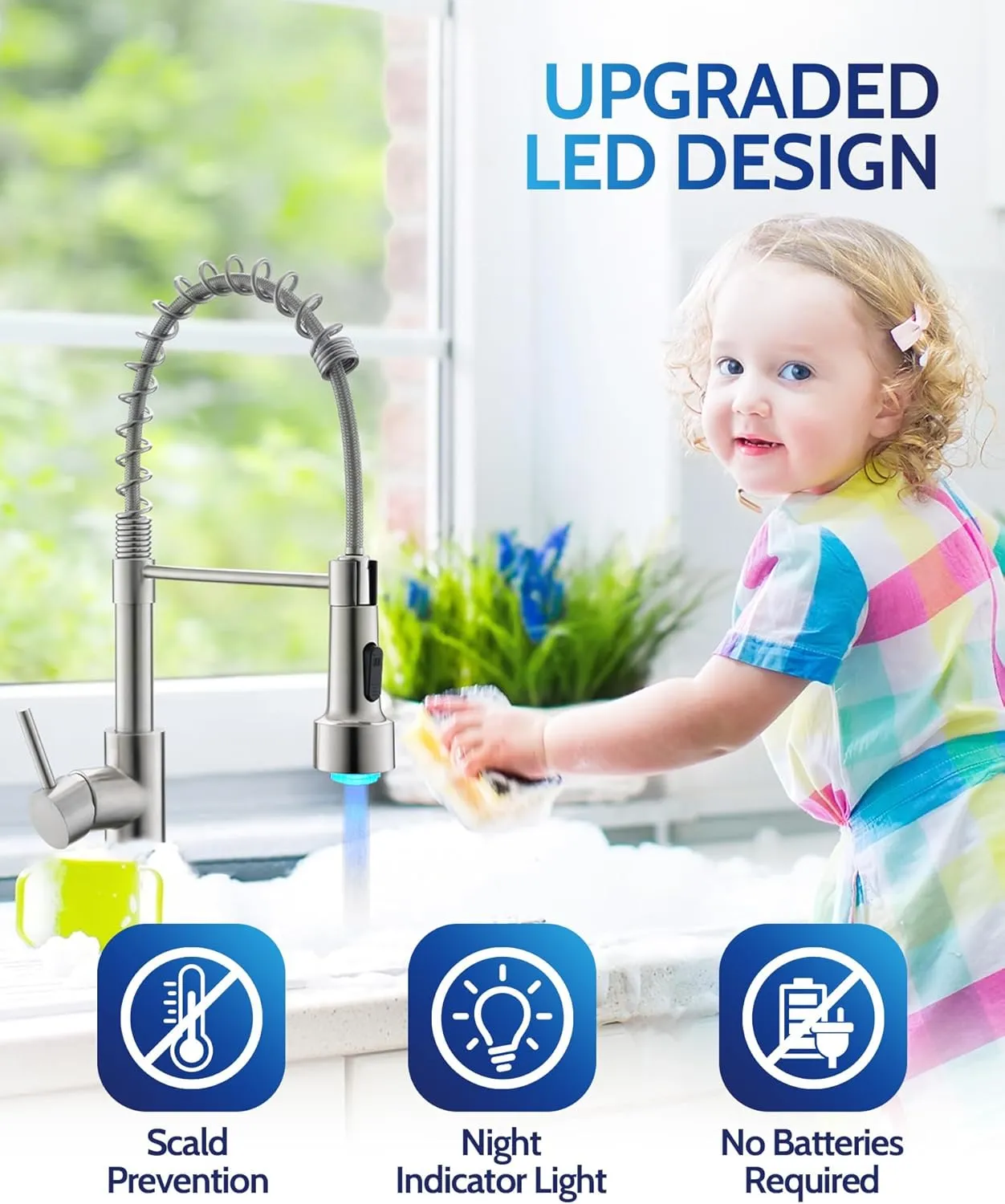 LUFEIDRA Kitchen Faucet with Sprayer LED Light, High Arc Kitchen Faucets Single Hole 304 Stainless Steel Kitchen Sink Faucet Faucet for Bar Sink Rv, Brushed Nickel