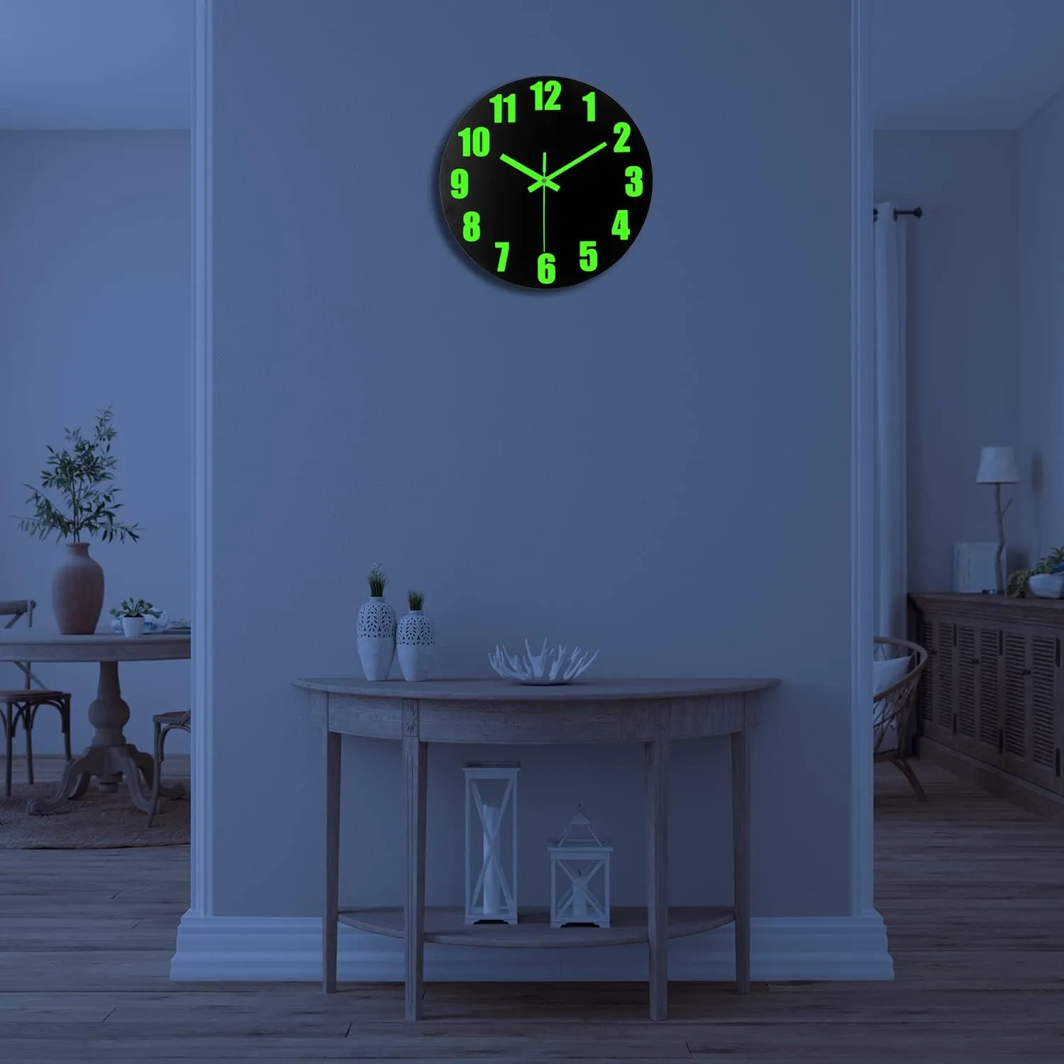 Luminous Wall Clock, 16'' Wooden Wall Clocks with Silent Movement and Glowing up Function, No Glass Village Wall Clock Decorative Bedroom, Kitchen, Office, Battery Operated