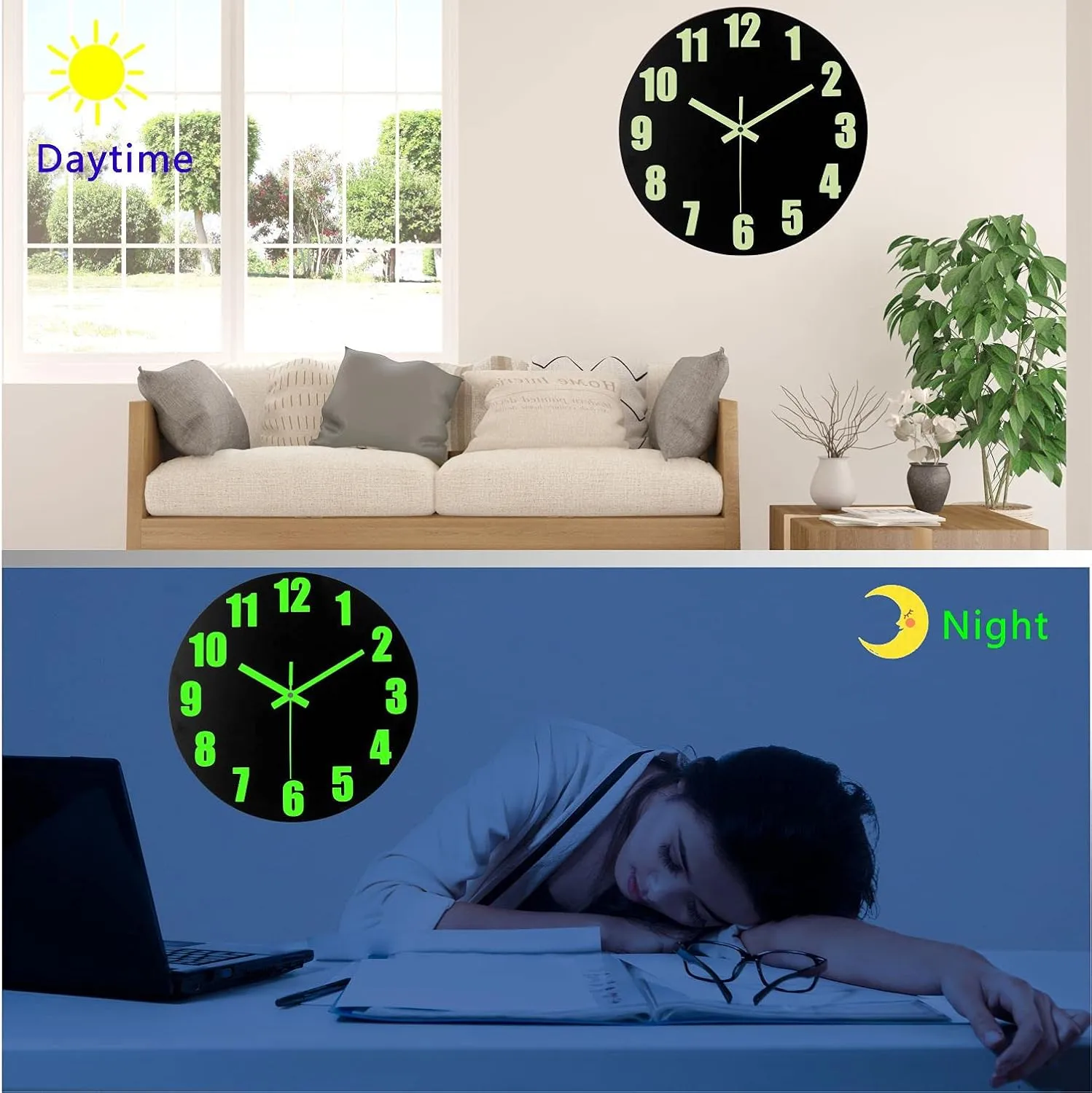 Luminous Wall Clock, 16'' Wooden Wall Clocks with Silent Movement and Glowing up Function, No Glass Village Wall Clock Decorative Bedroom, Kitchen, Office, Battery Operated