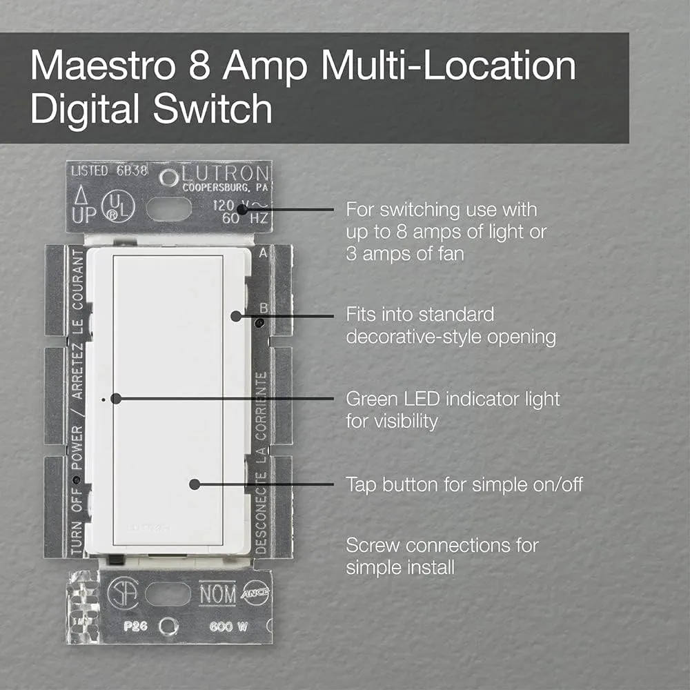 Lutron Maestro Digital Switch, 8A Single Pole/Multi Location, MA-S8AM-IV, Ivory