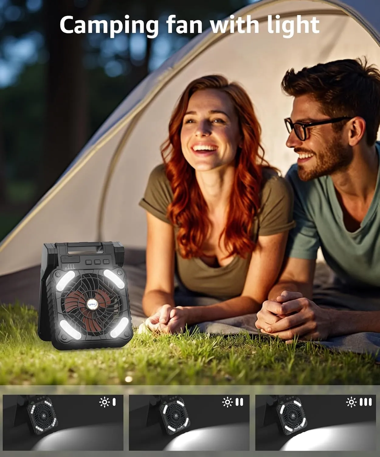 lynker Solar Powered Camping Fan with LED Light, Portable Rechargeable Battery Operated Fan, 4 Speeds, 35dB Ultra-Quiet, USB-C/Solar Charging, 8H Timer for Tent, Emergency, Outdoor Use (Orange)