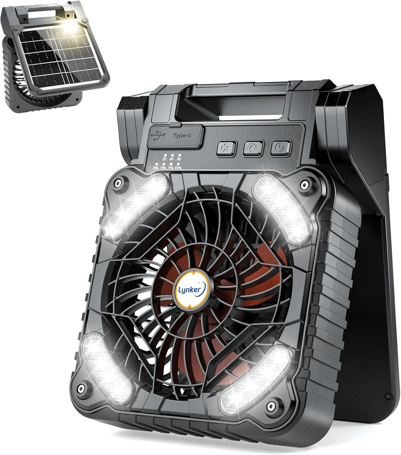 lynker Solar Powered Camping Fan with LED Light, Portable Rechargeable Battery Operated Fan, 4 Speeds, 35dB Ultra-Quiet, USB-C/Solar Charging, 8H Timer for Tent, Emergency, Outdoor Use (Orange)