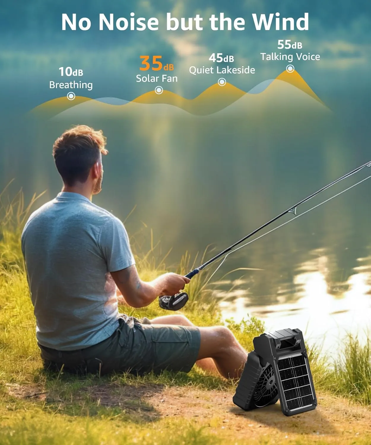 lynker Solar Powered Camping Fan with LED Light, Portable Rechargeable Battery Operated Fan, 4 Speeds, 35dB Ultra-Quiet, USB-C/Solar Charging, 8H Timer for Tent, Emergency, Outdoor Use (Orange)