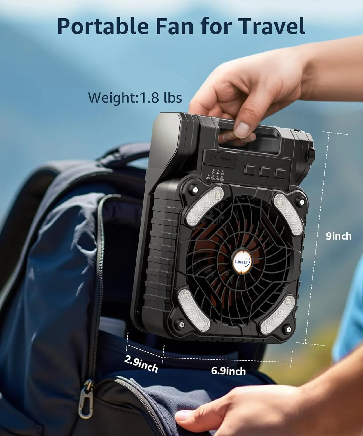 lynker Solar Powered Camping Fan with LED Light, Portable Rechargeable Battery Operated Fan, 4 Speeds, 35dB Ultra-Quiet, USB-C/Solar Charging, 8H Timer for Tent, Emergency, Outdoor Use (Orange)