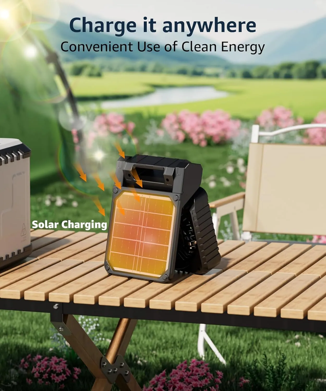 lynker Solar Powered Camping Fan with LED Light, Portable Rechargeable Battery Operated Fan, 4 Speeds, 35dB Ultra-Quiet, USB-C/Solar Charging, 8H Timer for Tent, Emergency, Outdoor Use (Orange)