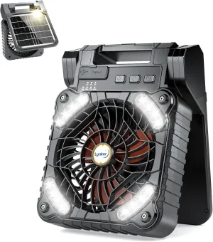 lynker Solar Powered Camping Fan with LED Light, Portable Rechargeable Battery Operated Fan, 4 Speeds, 35dB Ultra-Quiet, USB-C/Solar Charging, 8H Timer for Tent, Emergency, Outdoor Use (Orange)