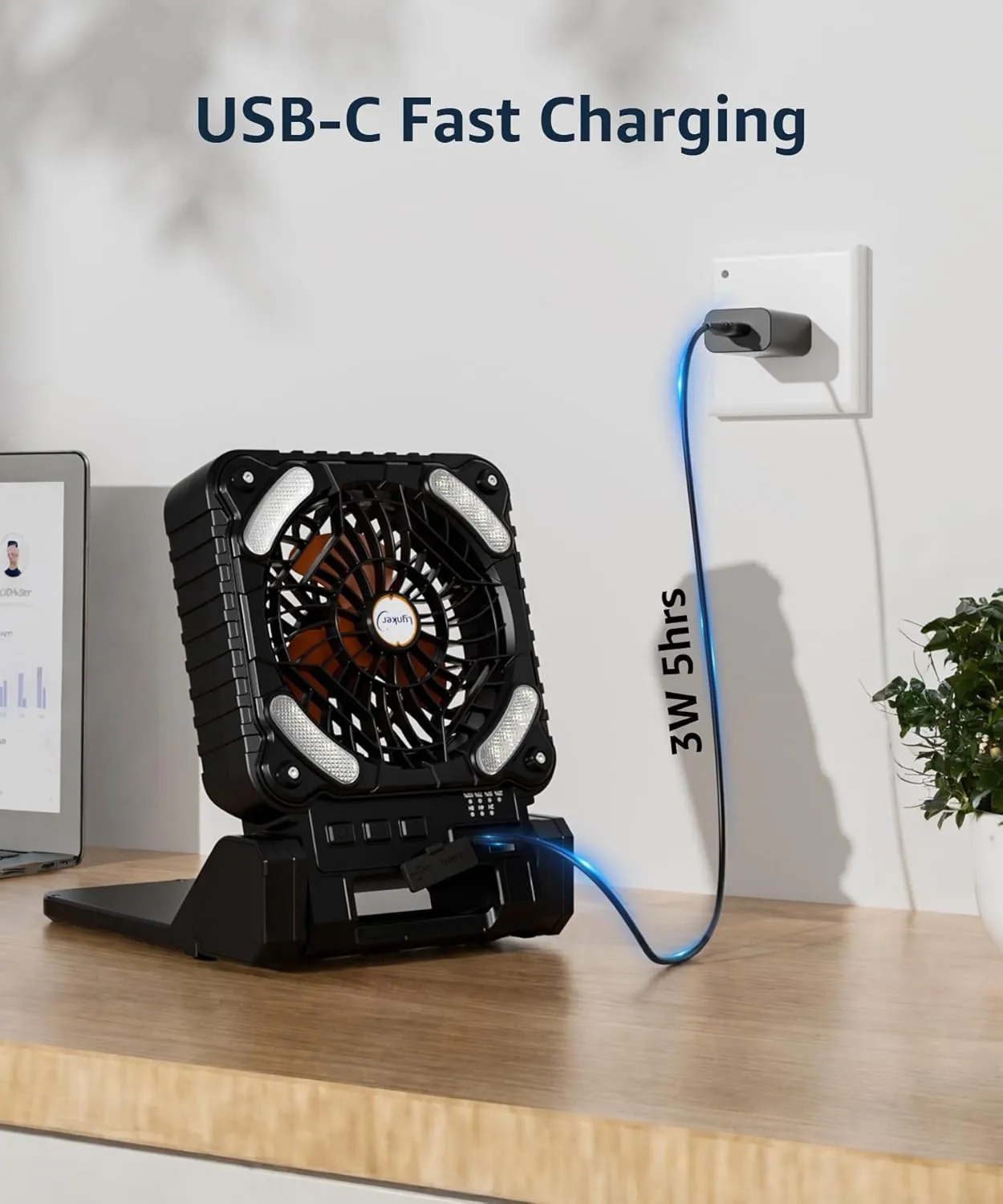 lynker Solar Powered Camping Fan with LED Light, Portable Rechargeable Battery Operated Fan, 4 Speeds, 35dB Ultra-Quiet, USB-C/Solar Charging, 8H Timer for Tent, Emergency, Outdoor Use (Orange)