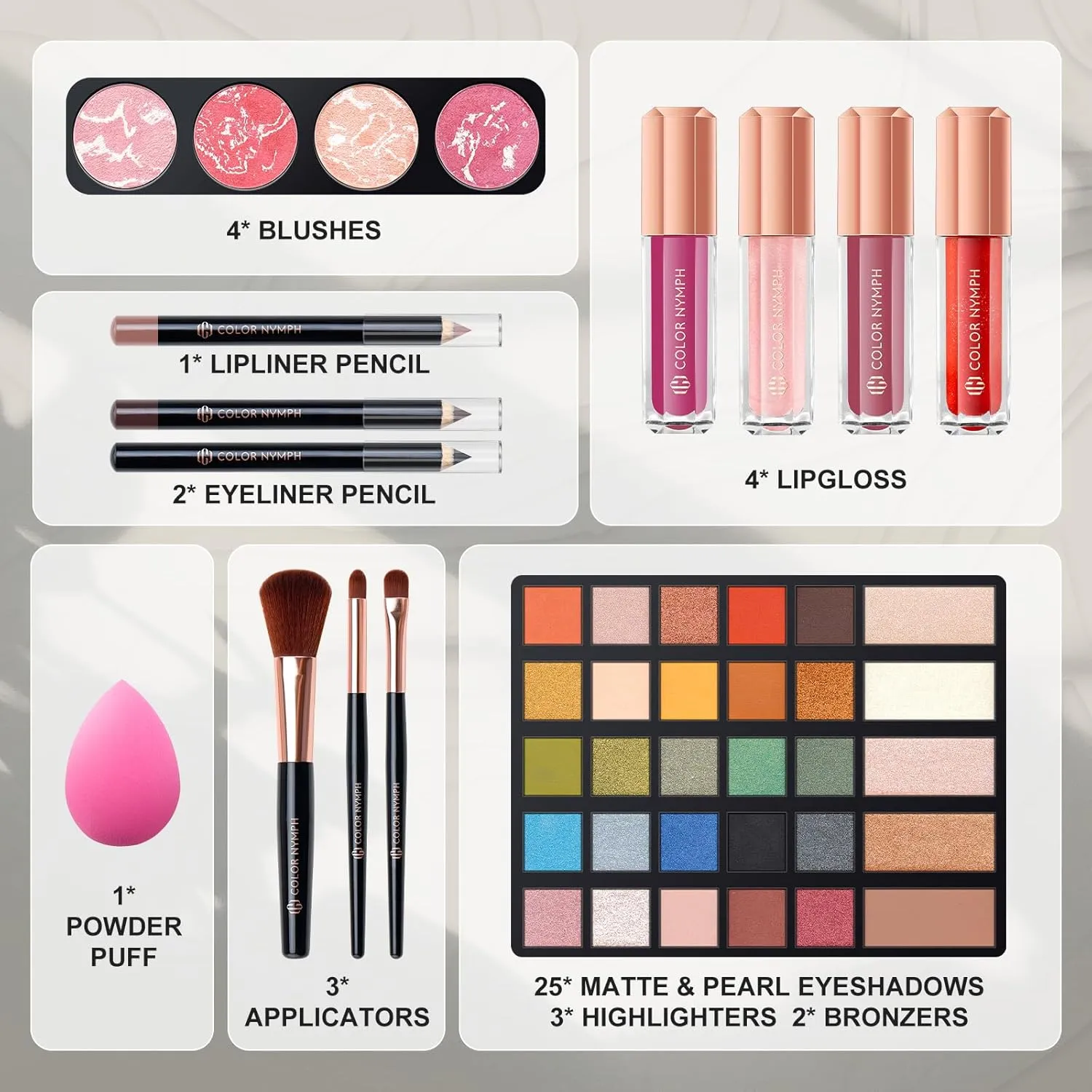 Makeup Kit For Women,All in One Makeup Gift Set for Girls in Cosmetic Train Case (Black) With Mirror,Full Starter Cosmetic Kit Includes Eyeshadow Palette,Lipgloss,Blushes