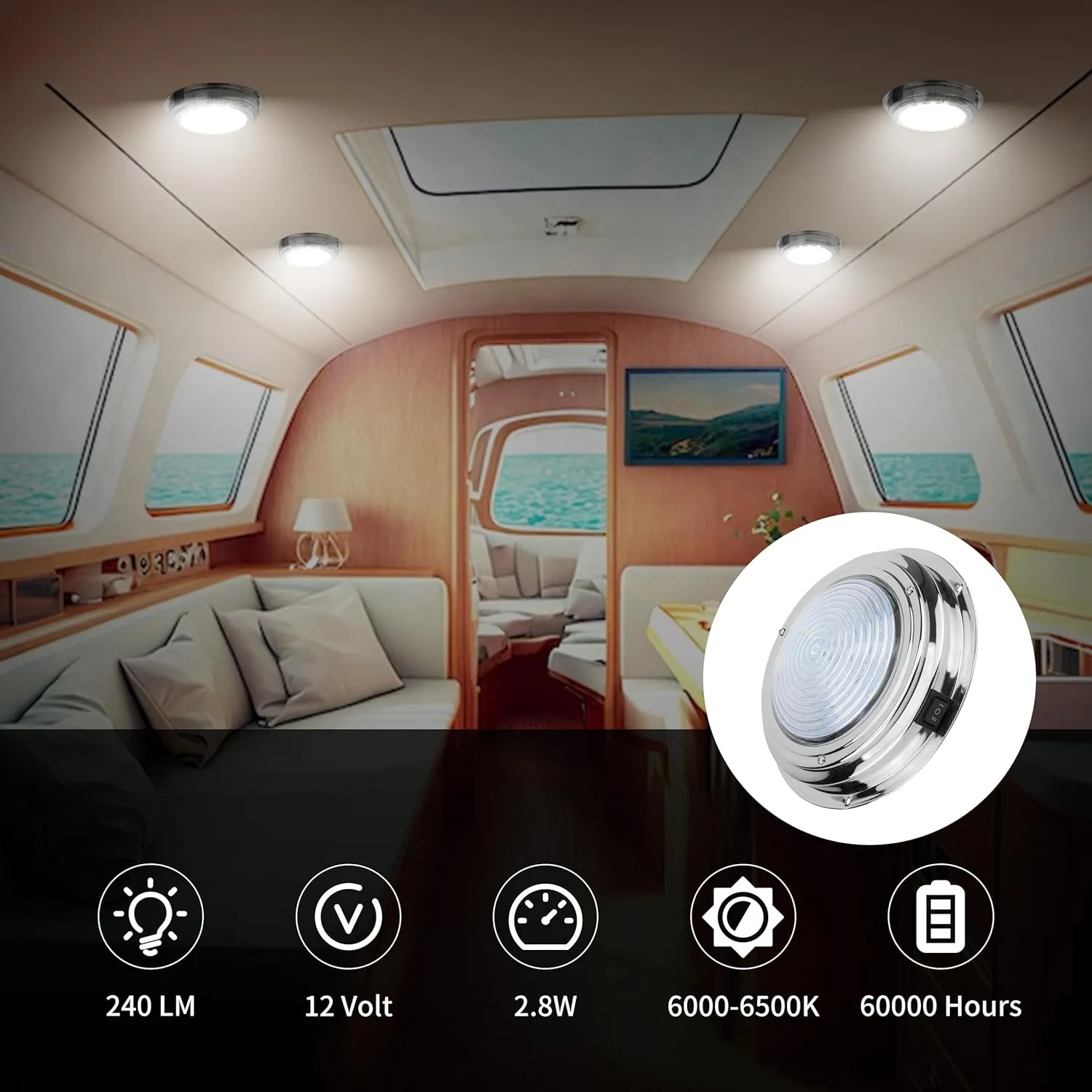 Marine Boat Dome Light 12V LED Marine Lights Interior with Toggle Switch 7" LED Boat Cabin Lighting with Stainless Steel Surface Mount