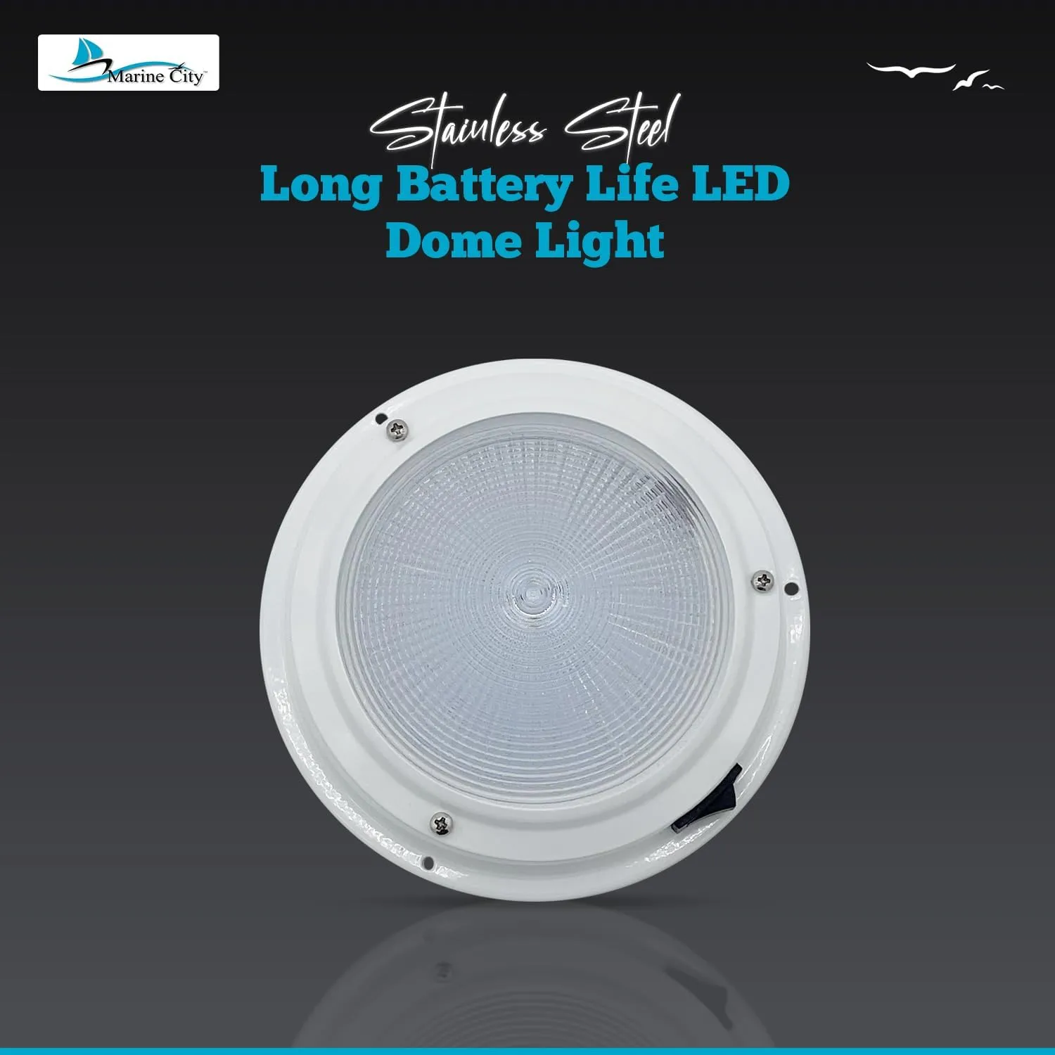 MARINE CITY LED Dome Light, 304 White Powder-Coated Stainless Steel, Long Battery Life, 12V, Warm White Light, Ideal for Boats, Yachts, and RVs