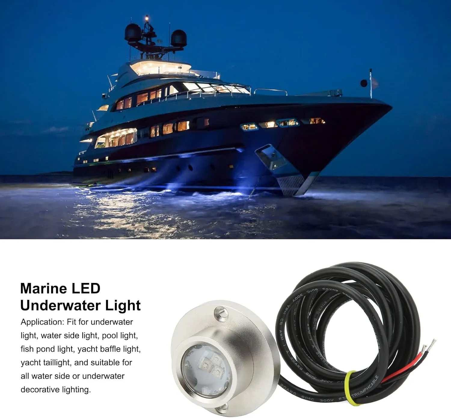 Marine Underwater LED Light, 12V 24V Boat Underwater Light, Stainless Steel Universal Fit Yacht Rear LED Light Fit for Boat Yacht Waterside Lighting (White)