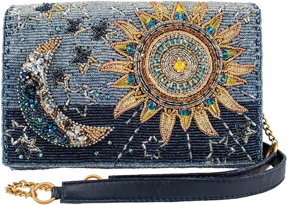 Mary Frances Solar System Beaded Sun and Moon Crossbody Clutch Handbag, Blue