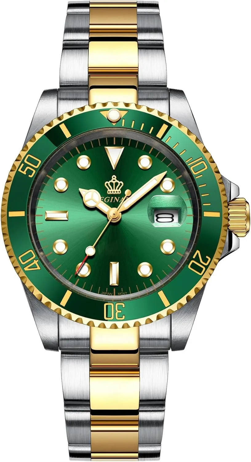 MASTOP Fashion Mens GMT Watch Rotatable Bezel Green Dial Quartz Stainless Steel Gold Band Wrist Watch