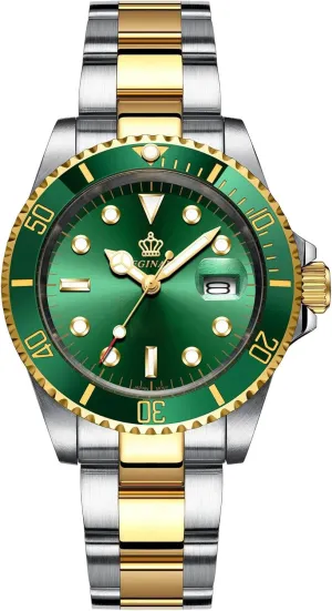 MASTOP Fashion Mens GMT Watch Rotatable Bezel Green Dial Quartz Stainless Steel Gold Band Wrist Watch