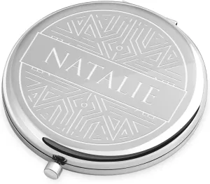 Maveron Silver Personalized Compact Mirror for Woman - Cosmetic Bag Accessory for Girl - 2.6 x 2.6 x 0.5 inches - Beauty Accessory for Women’s Day - Pocket Mirror for Birthday - Ornaments