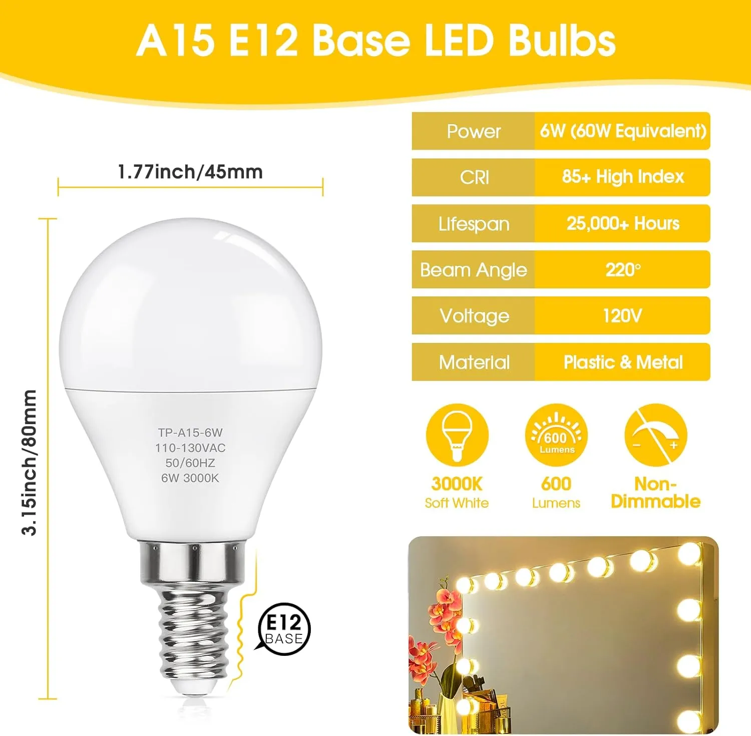 MAXvolador E12 LED 60W Equivalent Soft White 3000K Ceiling Fan Bulbs, 600LM CRI 85  Small Base Candelabra Bulbs, 6W Non-Dimmable, Pack of 6