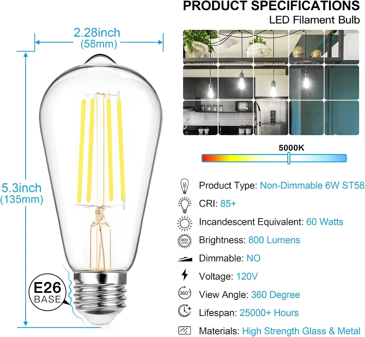 MAXvolador Vintage LED Edison Bulb 60W Equivalent 800LM, 6W ST58 LED Filament Light Bulb, Daylight White 5000K, E26 Base, Non-Dimmable, Pack of 12