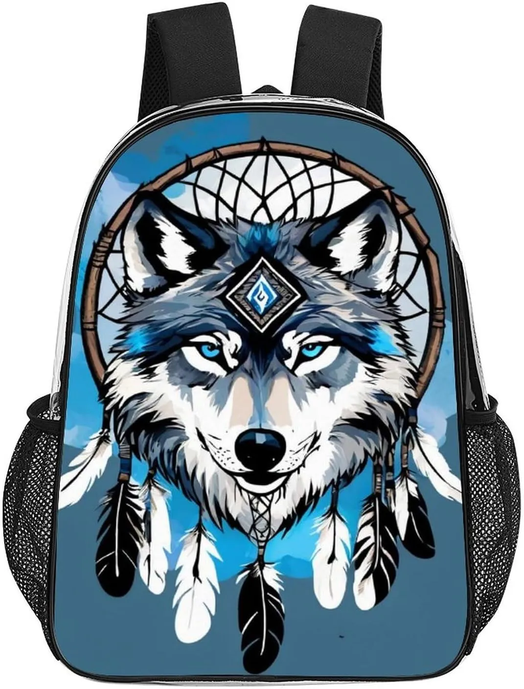 Men Women Transparent Native Wolf Dream Catcher Daypack Big Capacity Shoulder Bag With Adjustable Shoulder Straps for Camping Travel Walking Cycling