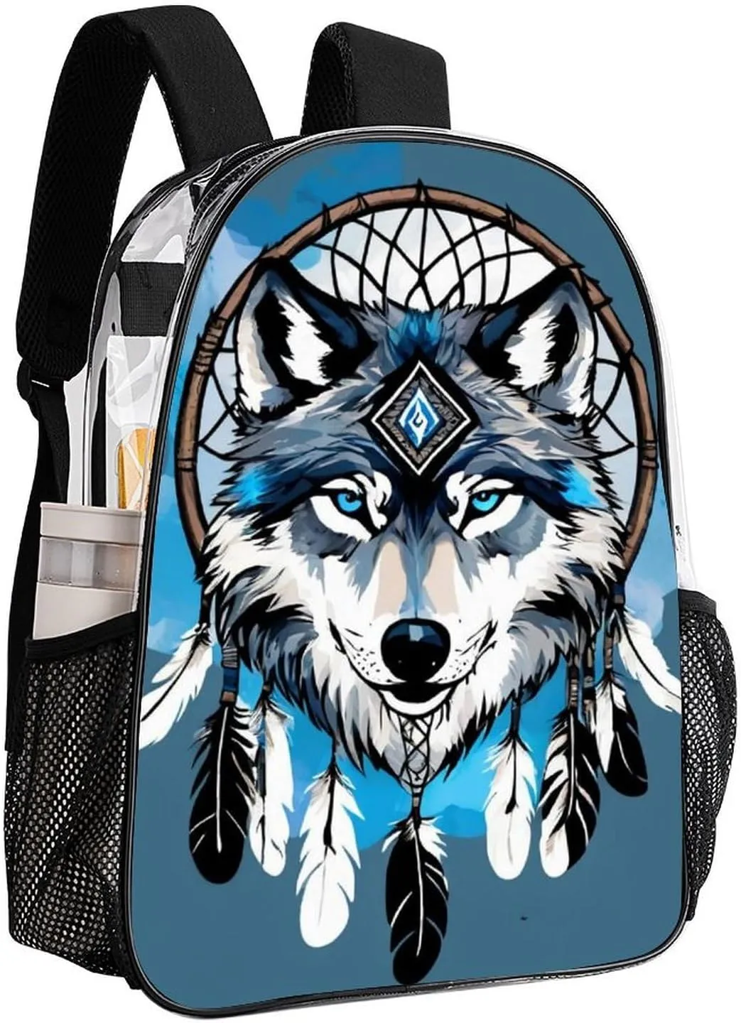 Men Women Transparent Native Wolf Dream Catcher Daypack Big Capacity Shoulder Bag With Adjustable Shoulder Straps for Camping Travel Walking Cycling