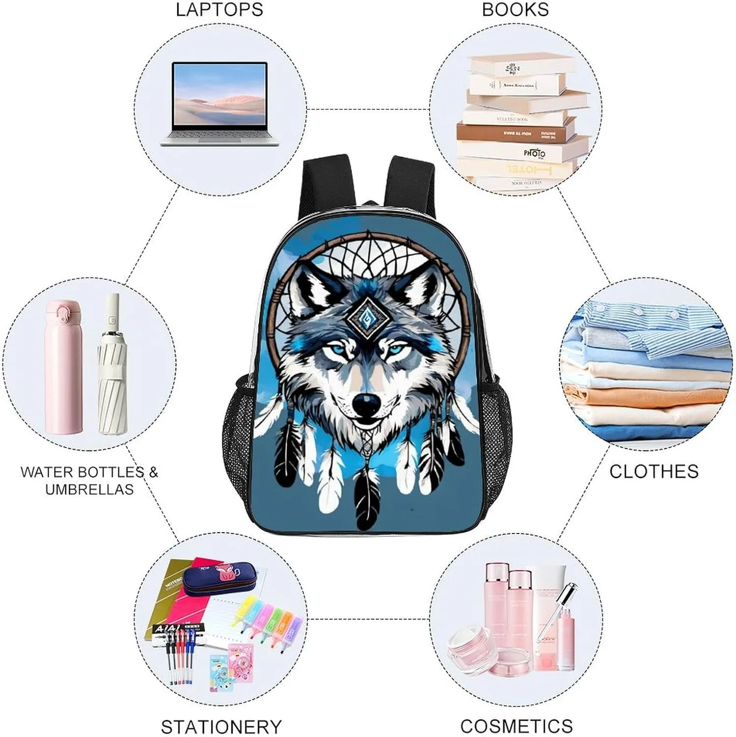 Men Women Transparent Native Wolf Dream Catcher Daypack Big Capacity Shoulder Bag With Adjustable Shoulder Straps for Camping Travel Walking Cycling