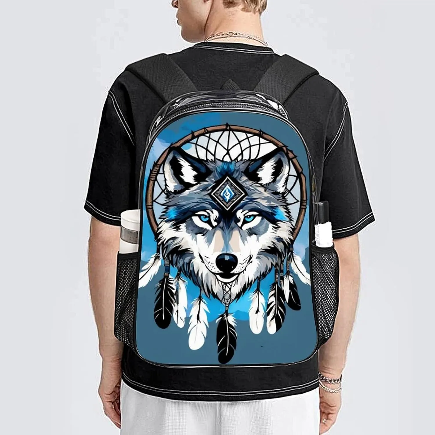 Men Women Transparent Native Wolf Dream Catcher Daypack Big Capacity Shoulder Bag With Adjustable Shoulder Straps for Camping Travel Walking Cycling