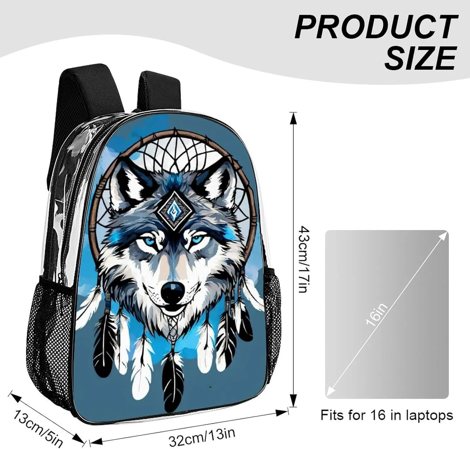 Men Women Transparent Native Wolf Dream Catcher Daypack Big Capacity Shoulder Bag With Adjustable Shoulder Straps for Camping Travel Walking Cycling