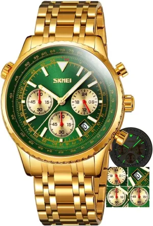Men's Gold Stainless Steel Quartz Watches Business Chronograph Analog Wristwatch for Man Watch Waterproof Luminous
