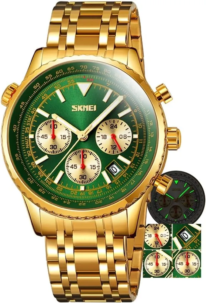 Men's Gold Stainless Steel Quartz Watches Business Chronograph Analog Wristwatch for Man Watch Waterproof Luminous