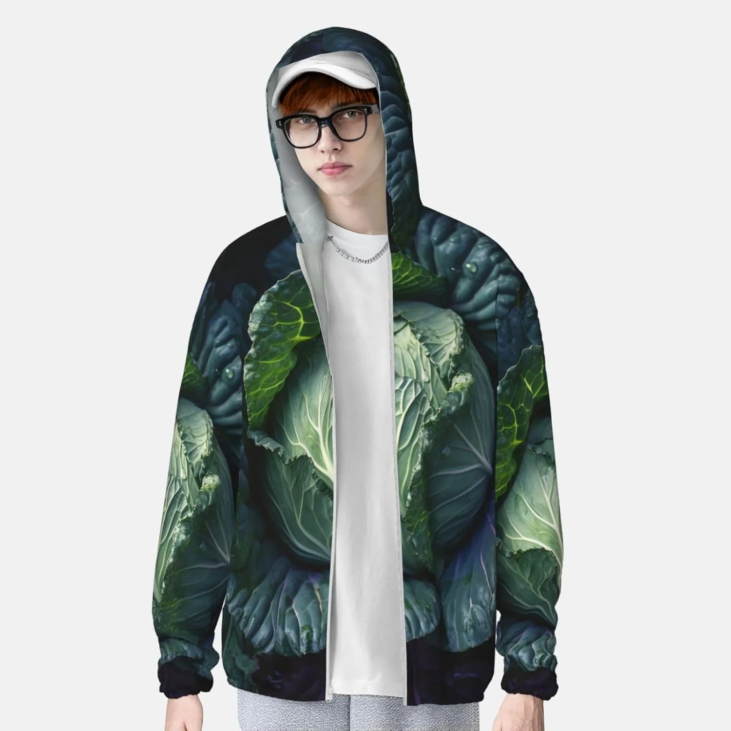 Men's UPF 50  Sun Protection Hoodie Bright Cabbage Long Sleeve Sun Shirts Full Zip Light Fishing Jacket